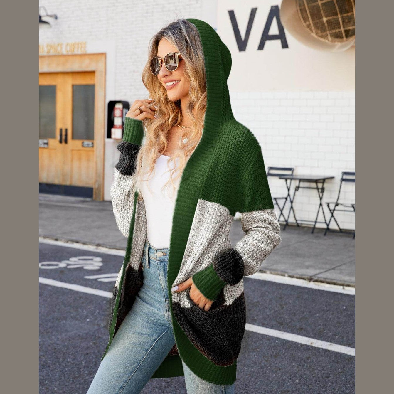 Trendsi vacation style cardigan in green and gray with pockets, perfect for casual outings