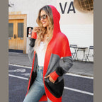 Trendsi women's vacation style cardigan in vibrant red and gray, featuring a cozy hood and pockets