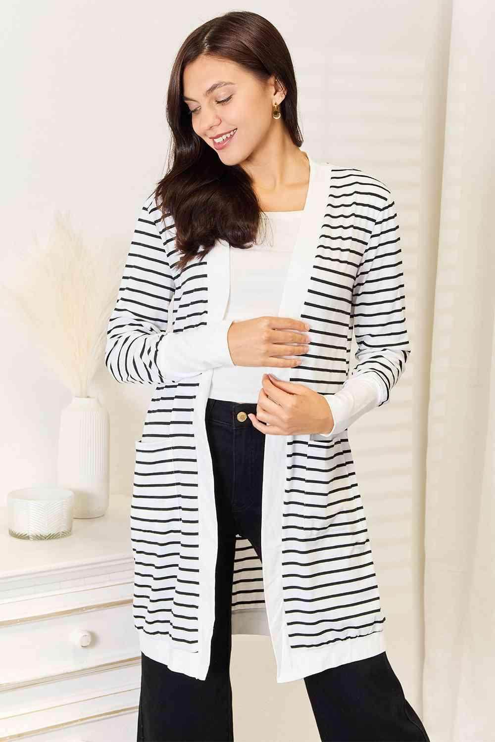 Trendsi women's vacation style cardigan featuring a classic striped design for effortless layering