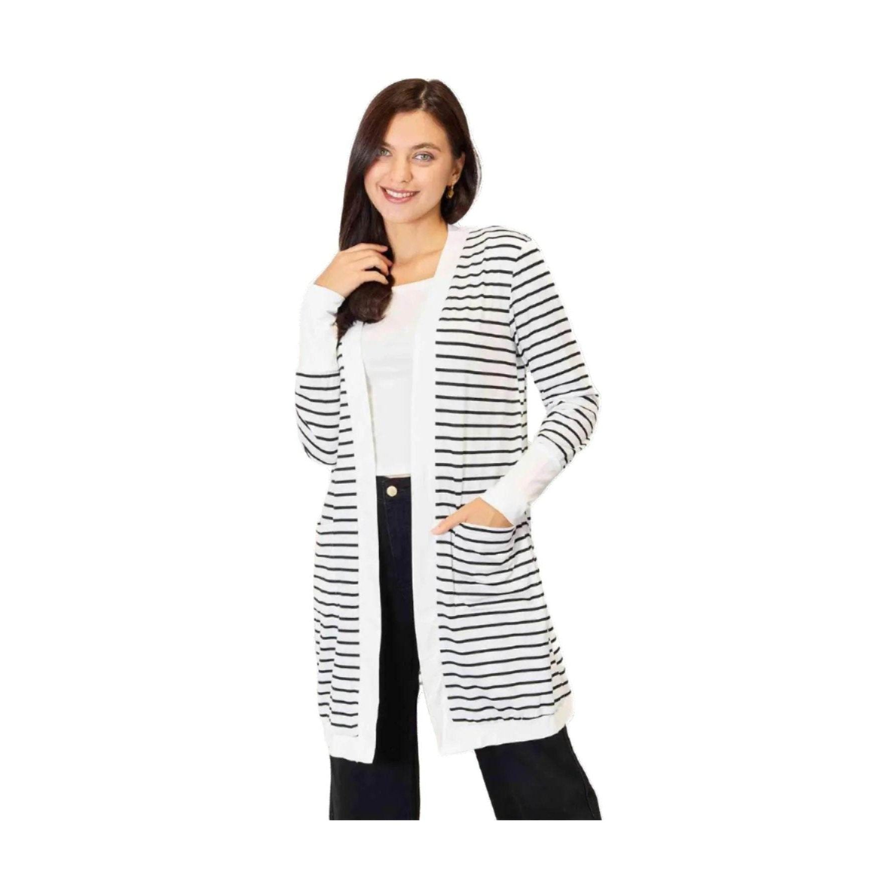 Trendsi Women's Vacation Style Cardigan with Black and White Stripes and Pockets