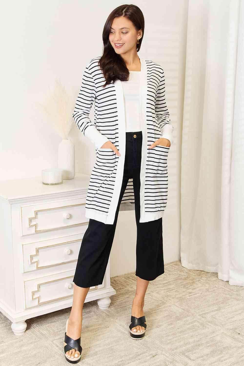 Trendsi Women's vacation style cardigan with stripes and pockets, perfect for casual outings