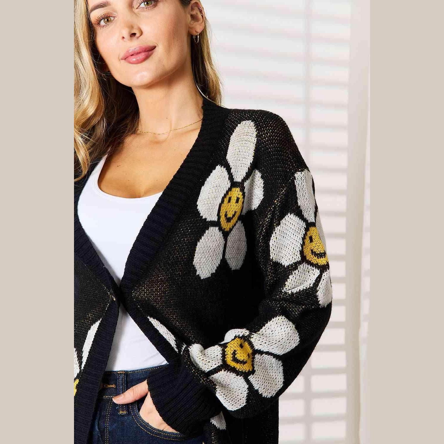 Trendsi women's vacation style floral cardigan featuring cheerful daisies and a relaxed fit