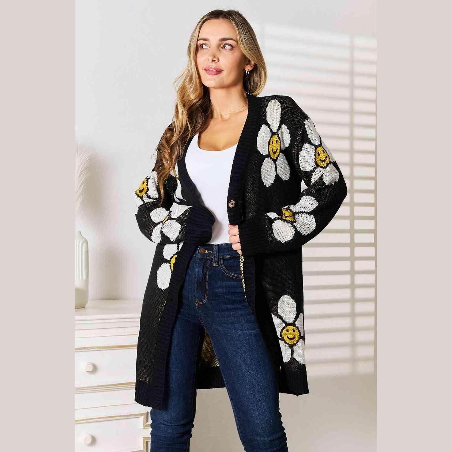 Trendsi vacation style floral cardigan in black with cheerful flower design for stylish layering