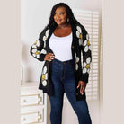 Trendsi vacation style floral cardigan featuring a black background with cheerful daisies and smiley faces