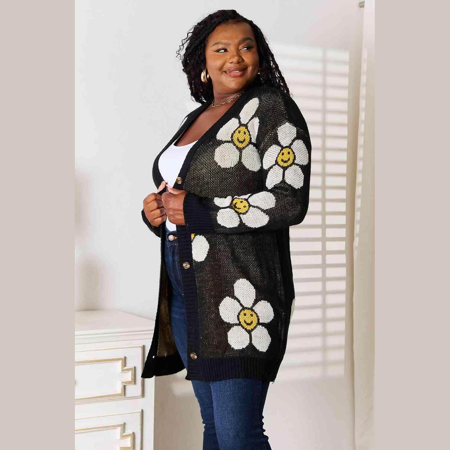 Trendsi women's vacation style floral cardigan featuring cheerful flower designs for a trendy look