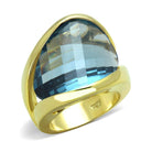 Vacation style gold statement ring with a large blue gemstone for a bold fashion statement