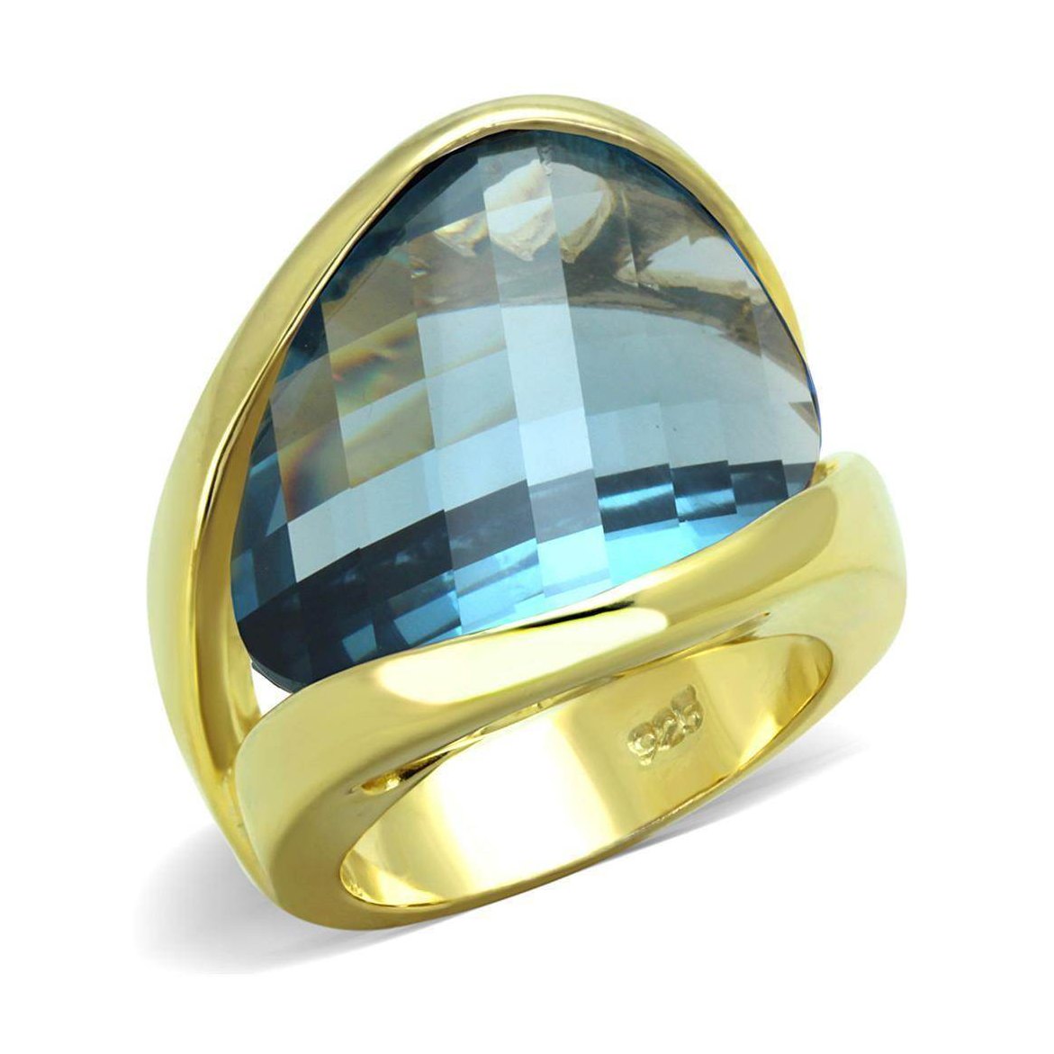 Vacation style gold statement ring with a large blue gemstone for a bold fashion statement