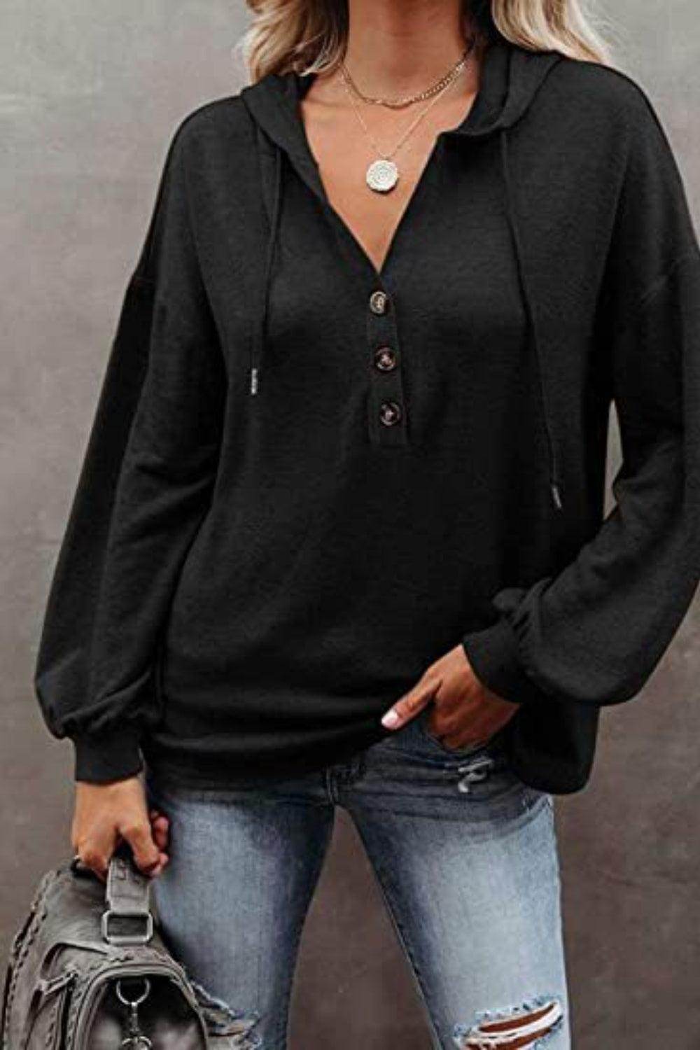 Trendsi Women's Black Hoodie with Button Detail, Ideal for Vacation Style Hoodie Casual Wear