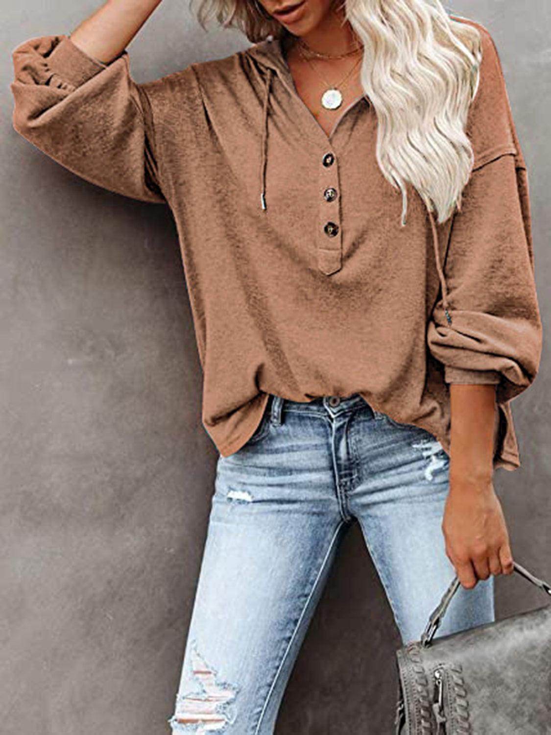 Trendsi Women's Vacation Style Hoodie in Brown with Button Details and Relaxed Fit