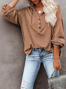 Trendsi Women's Vacation Style Hoodie in Brown with Button Details and Relaxed Fit