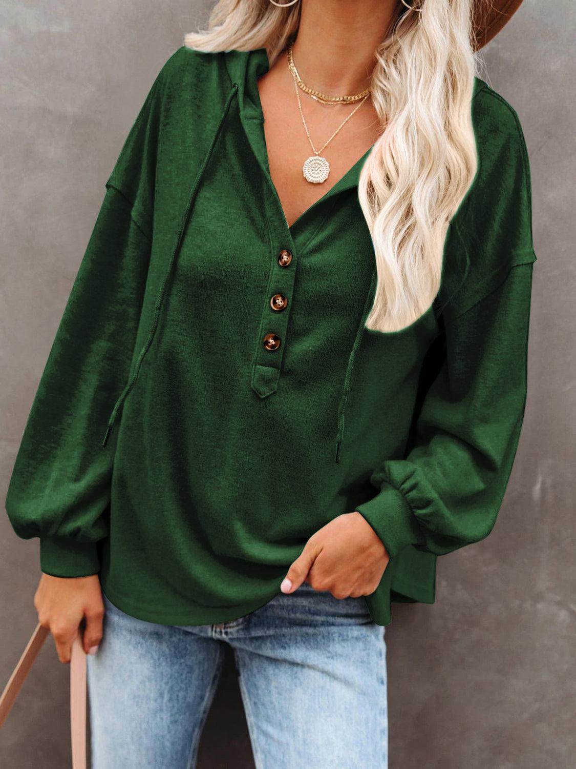 Trendsi Women's Green Vacation Style Hoodie with Button Details and Relaxed Fit