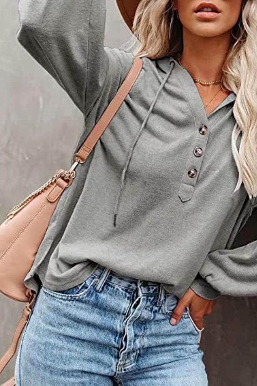 Trendsi women's vacation style hoodie in gray with button details and drawstring for casual wear
