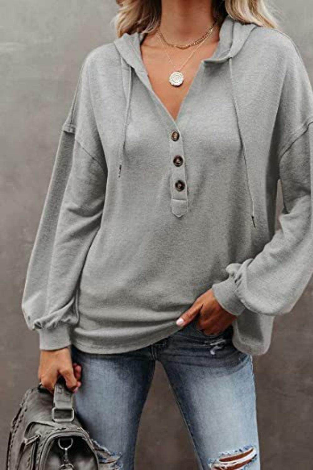 Trendsi women's vacation style hoodie in gray with button front and relaxed fit for casual outings