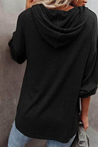 Black women's vacation style hoodie with a relaxed fit and back pleat for comfortable wear