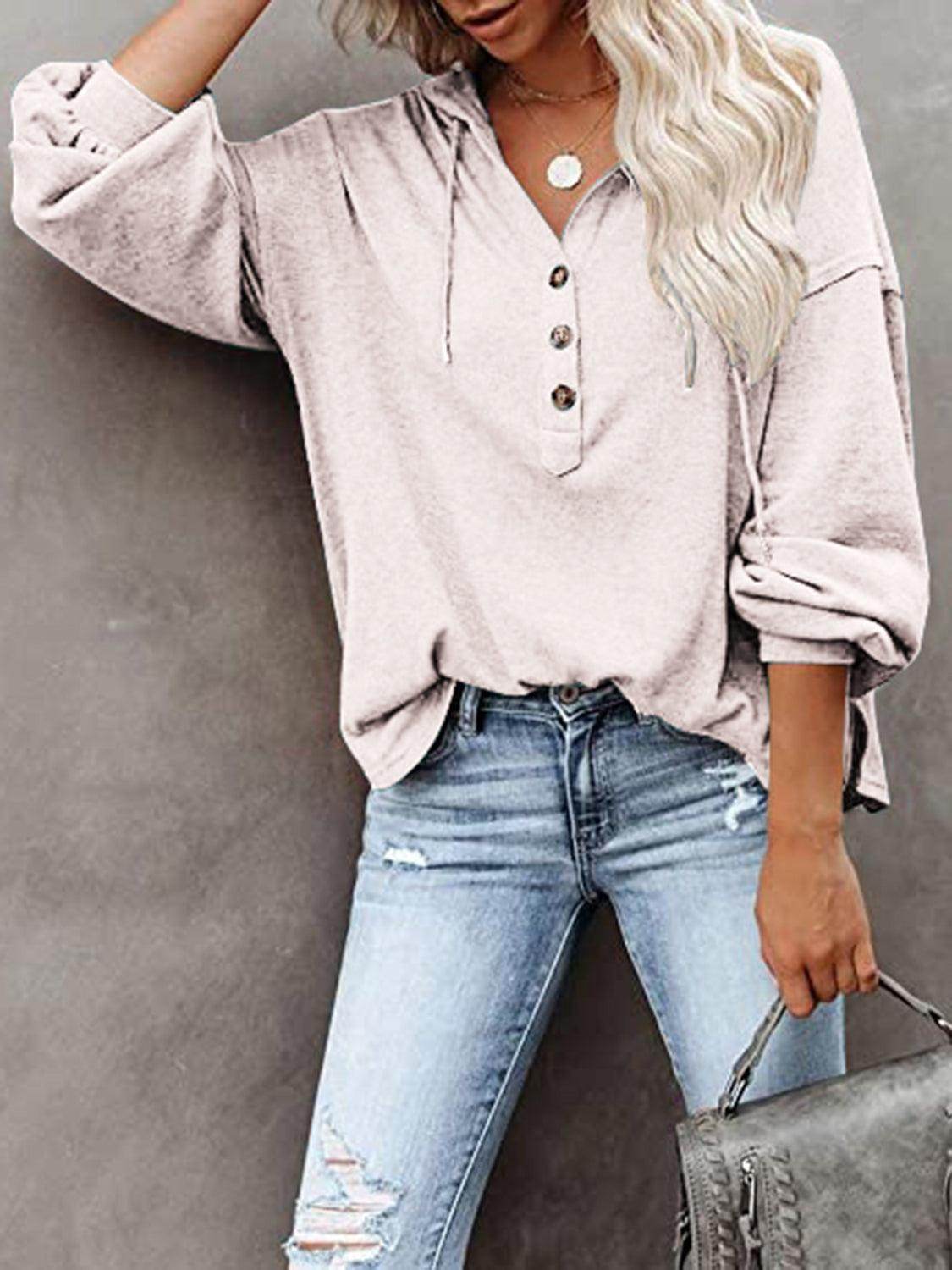 Trendsi Women's Vacation Style Hoodie in Light Pink with Button Details and Relaxed Fit