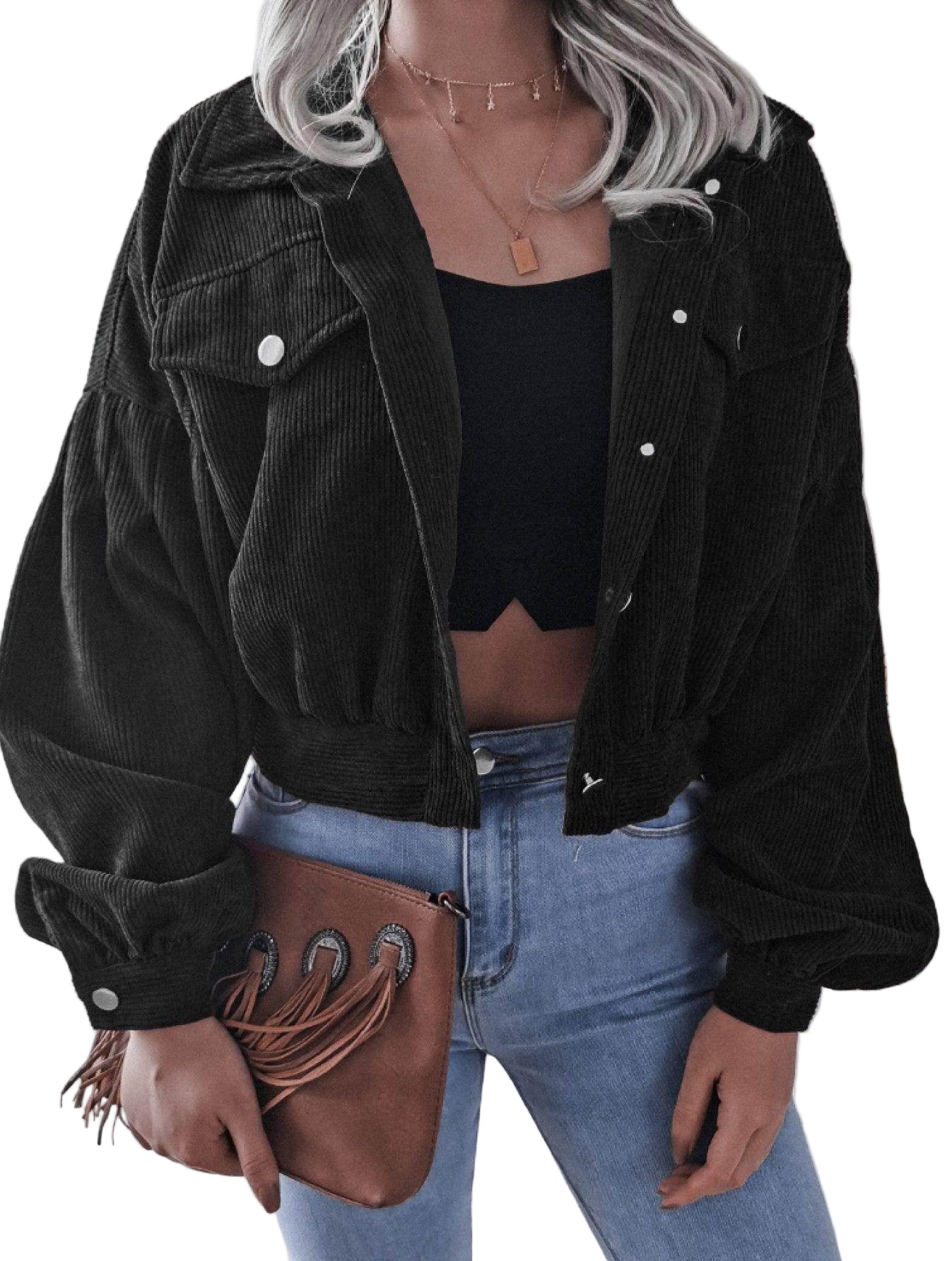 Trendsi Women's Vacation Style Jacket in Black Corduroy with Puff Sleeves and Cropped Fit