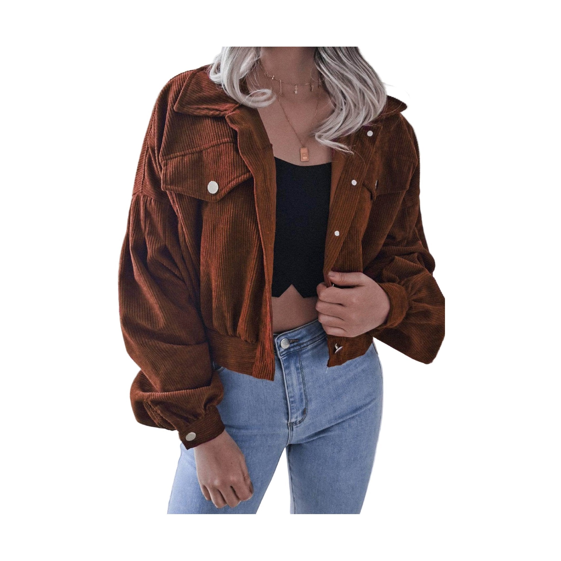 Trendsi women's vacation style jacket in rust corduroy with oversized fit and button details