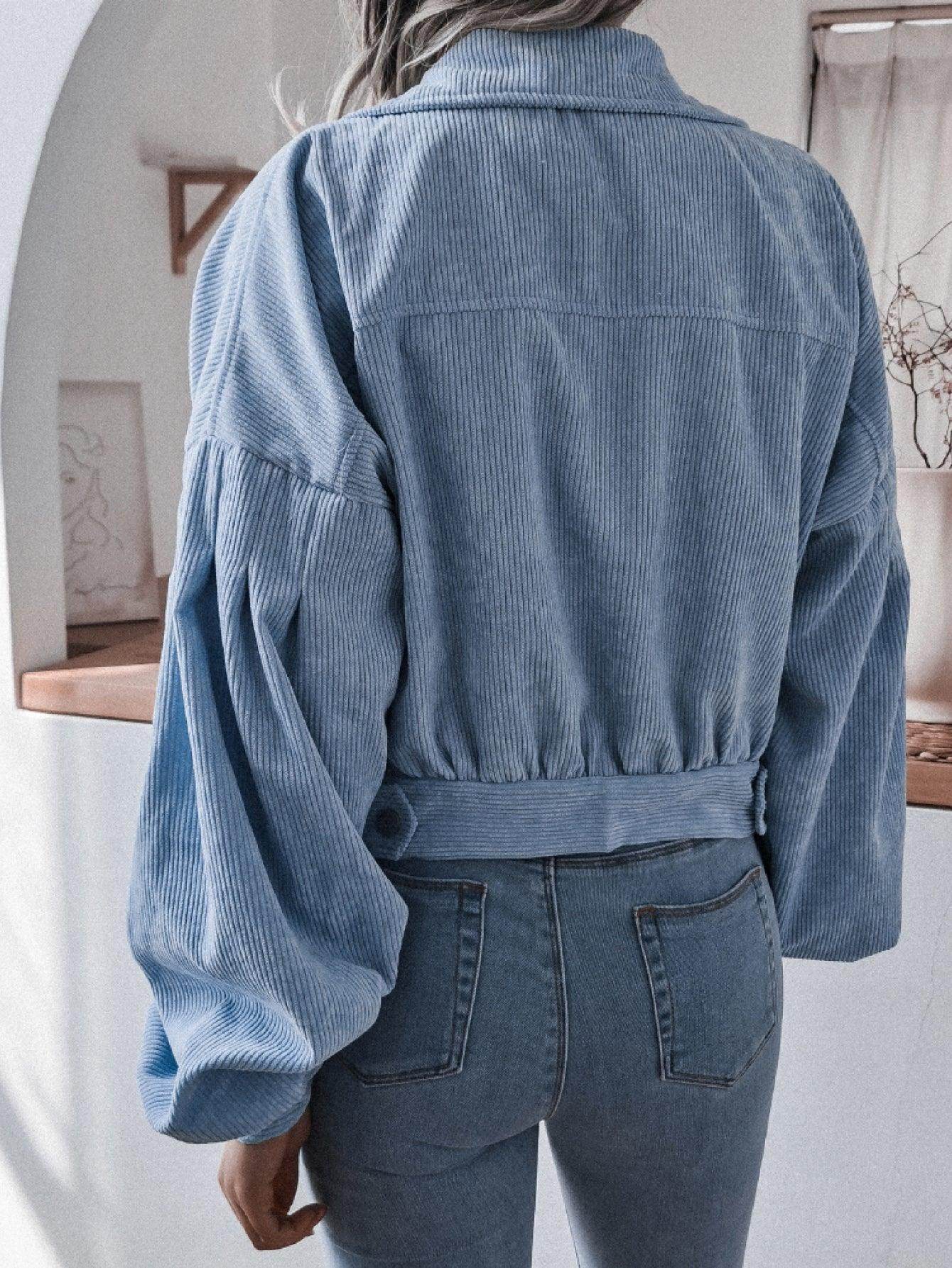 Trendsi women's vacation style jacket in blue corduroy with oversized sleeves and cropped design