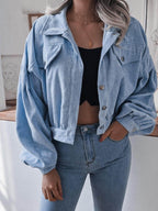 Trendsi women's vacation style jacket in light blue corduroy with oversized fit and button closure