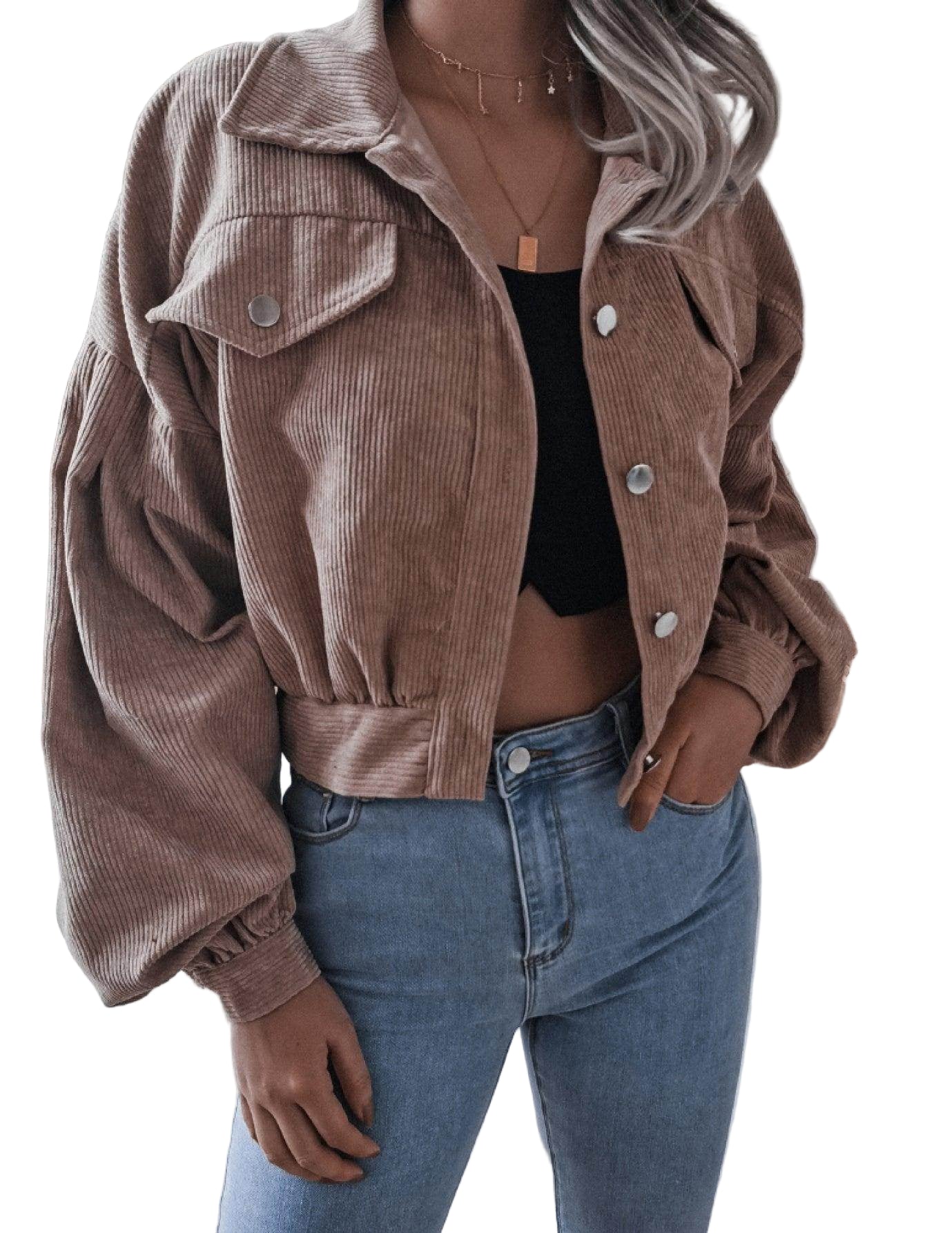 Trendsi Women's Vacation Style Jacket in Brown Corduroy with Puff Sleeves and Buttons