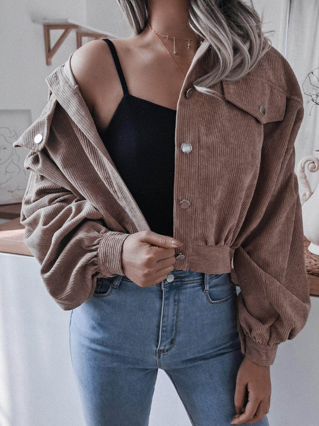 Trendsi Women's Vacation Style Jacket in Soft Corduroy with Button Closure and Balloon Sleeves