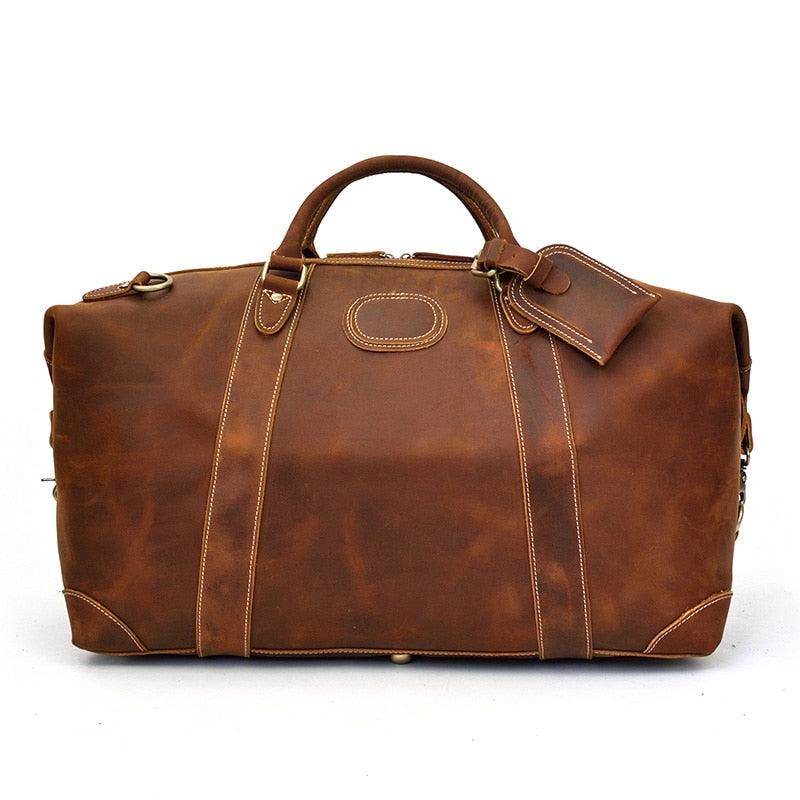 Vacation style leather bag in rich brown color, perfect for weekend getaways and travel