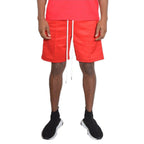Bright red vacation style mens shorts with adjustable drawstring for a comfortable fit