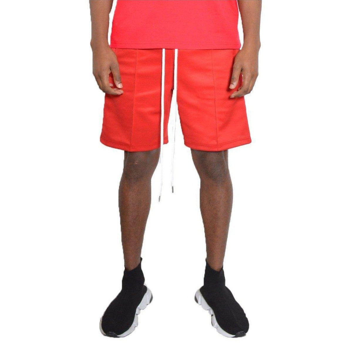 Bright red vacation style mens shorts with adjustable drawstring for a comfortable fit