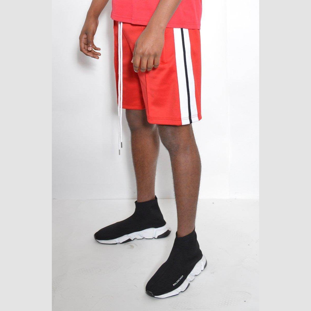 Men's red vacation style mens shorts with side stripes, ideal for summer outings