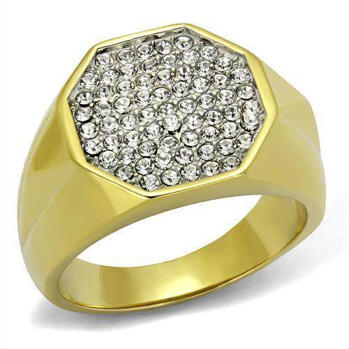 Gold vacation style rings for men featuring a faceted design and sparkling stone embellishments