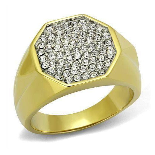 Gold vacation style rings for men featuring a faceted design and sparkling stone embellishments