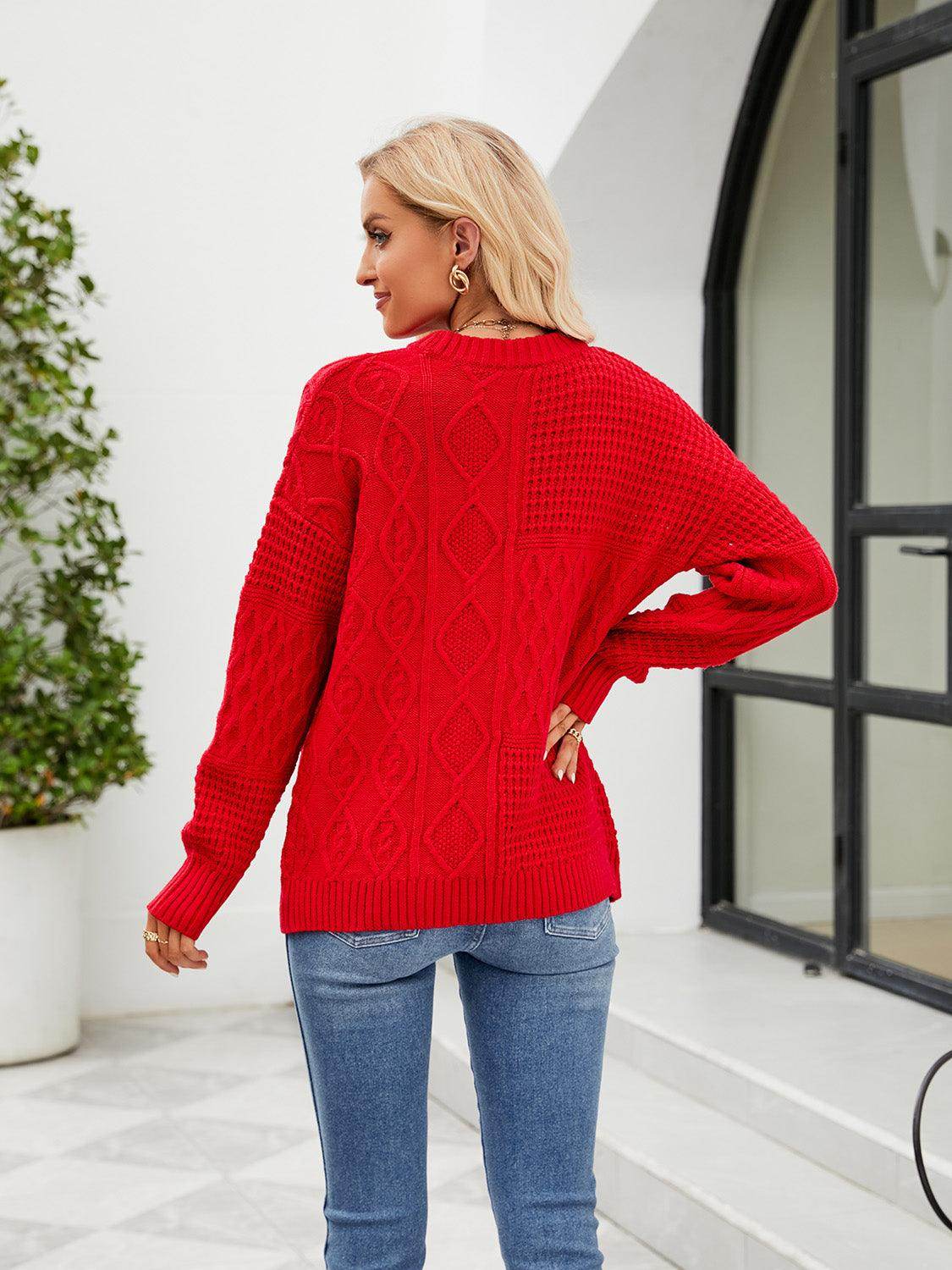 Trendsi casual vacation sweater in red with cable knit design, perfect for stylish layering