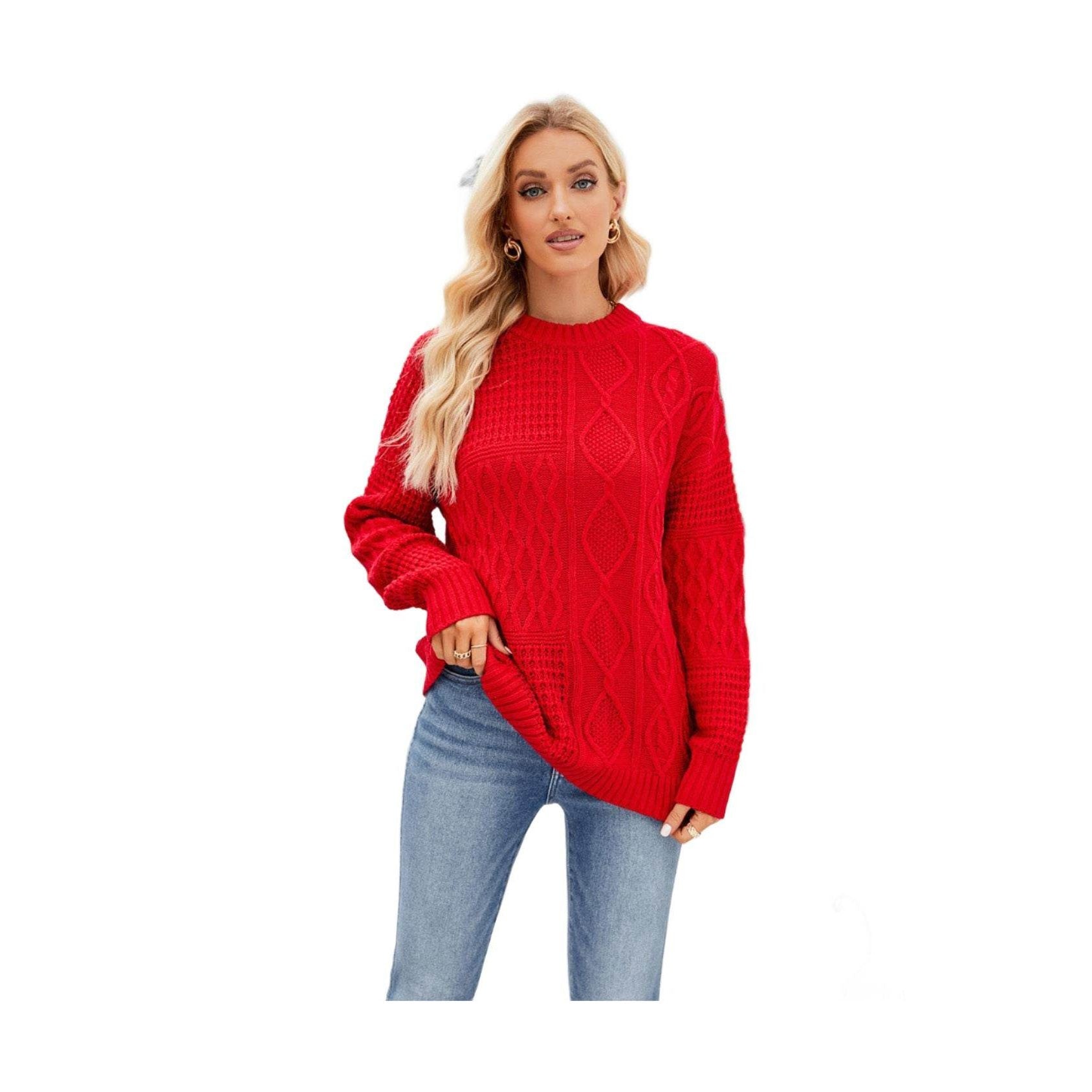 Trendsi red casual vacation sweater with textured patterns and a relaxed fit for stylish comfort
