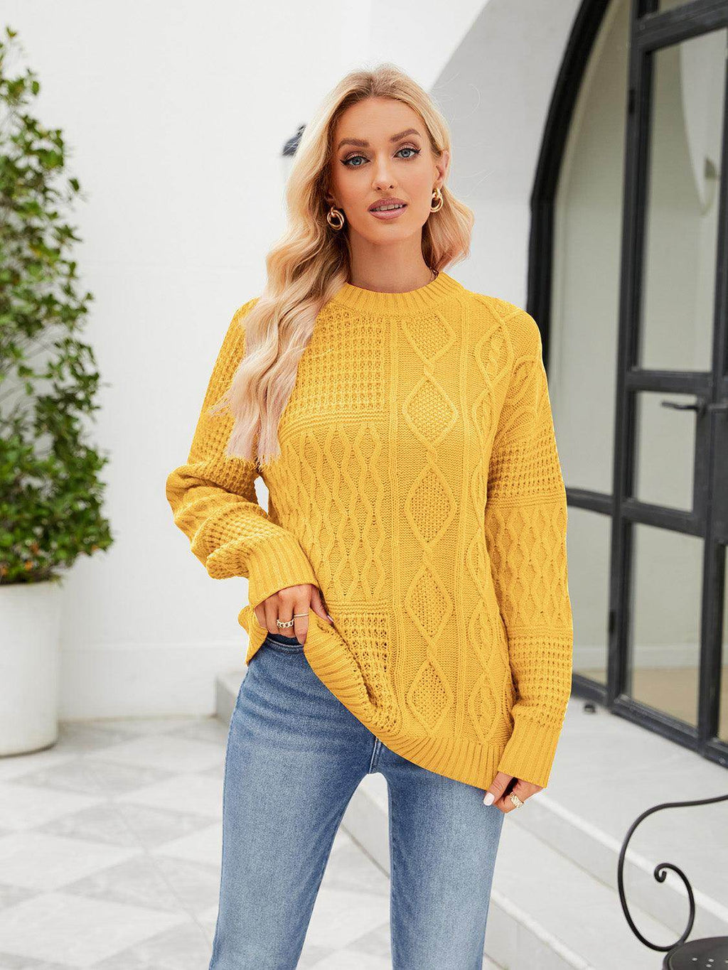 Trendsi Women's Casual Vacation Sweater in Yellow with Cable Knit Design and Relaxed Fit
