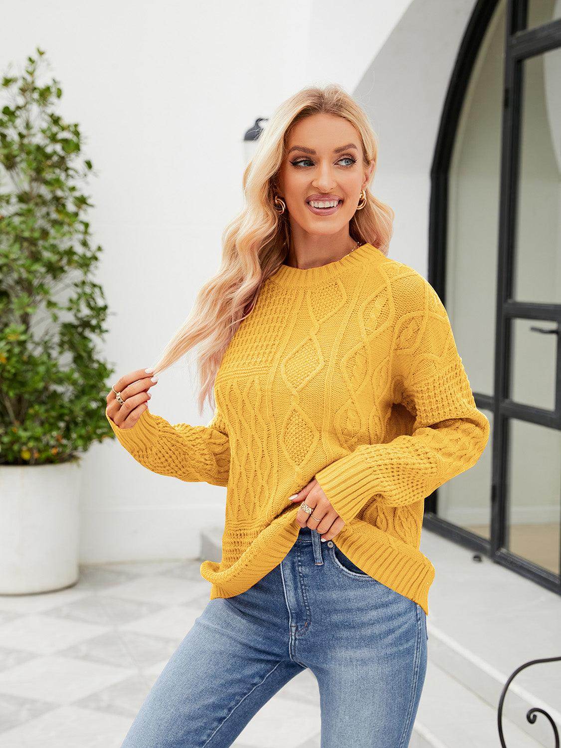 Trendsi women's casual vacation sweater in yellow with a cozy cable knit design, perfect for warm weather outings