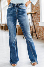 VacationGrabs Women's High Rise Flare Jeans in Classic Blue Denim for a Stylish Look