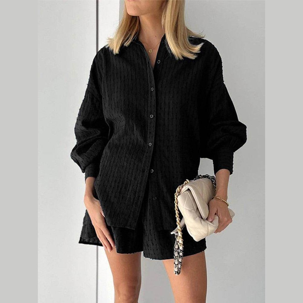 Stylish women's lantern sleeve shirt and shorts set in black for trendy summer outings