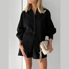 Stylish women's lantern sleeve shirt and shorts set in black for trendy summer outings