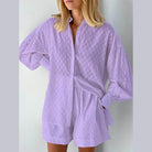 Lavender lantern sleeve shirt and shorts set for stylish summer outings