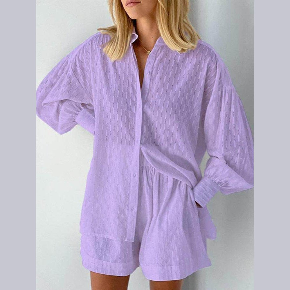 Lavender lantern sleeve shirt and shorts set for stylish summer outings