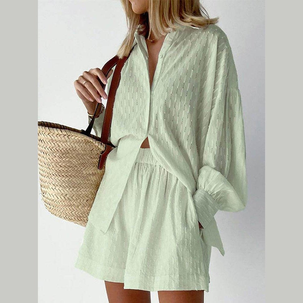 Light green women's outfit featuring a lantern sleeve shirt and shorts, perfect for summer styles
