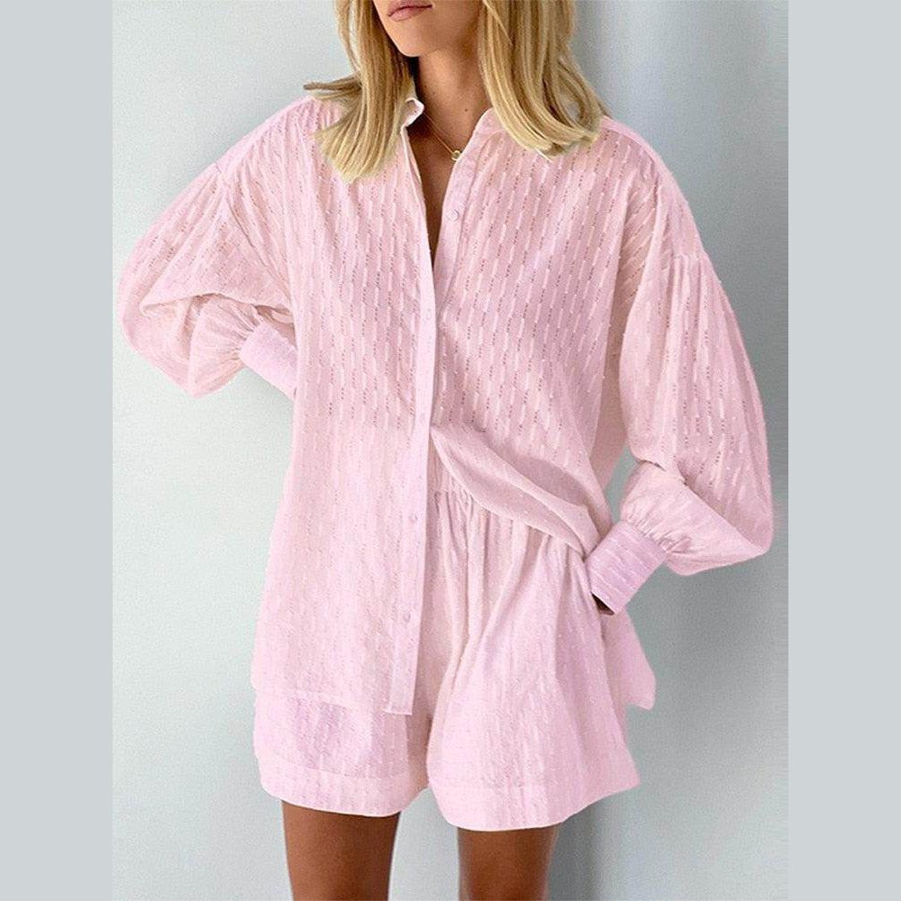 Women's pink lantern sleeve shirt and shorts set by VacationGrabs for a stylish summer outfit