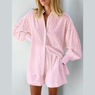 Women's pink lantern sleeve shirt and shorts set by VacationGrabs for a stylish summer outfit