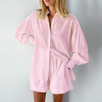 VacationGrabs Women's Outfit featuring a lantern sleeve shirt and shorts in soft pink fabric