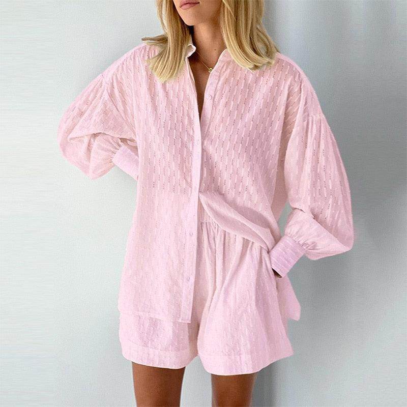 VacationGrabs Women's Outfit featuring a lantern sleeve shirt and shorts in soft pink fabric