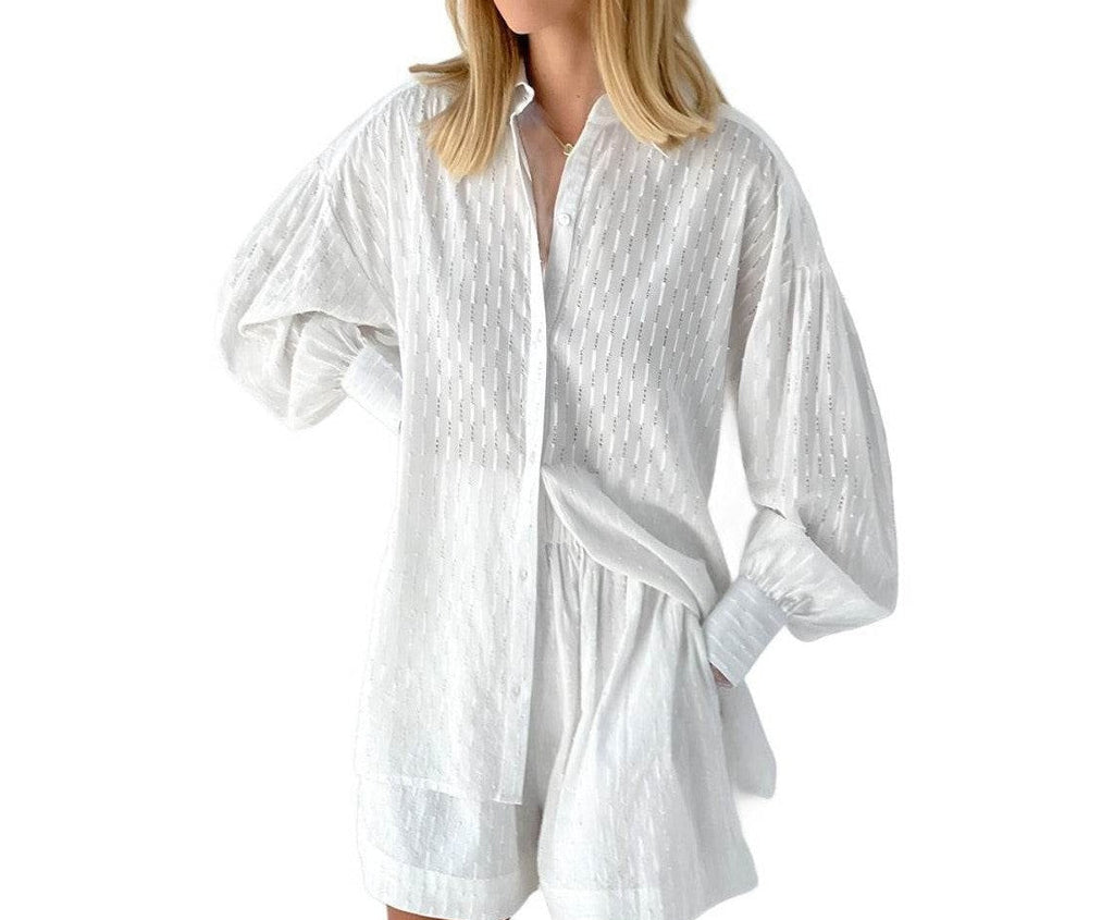 White lantern sleeve shirt and shorts set from VacationGrabs, perfect for summer outings