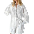 White lantern sleeve shirt and shorts set from VacationGrabs, perfect for summer outings