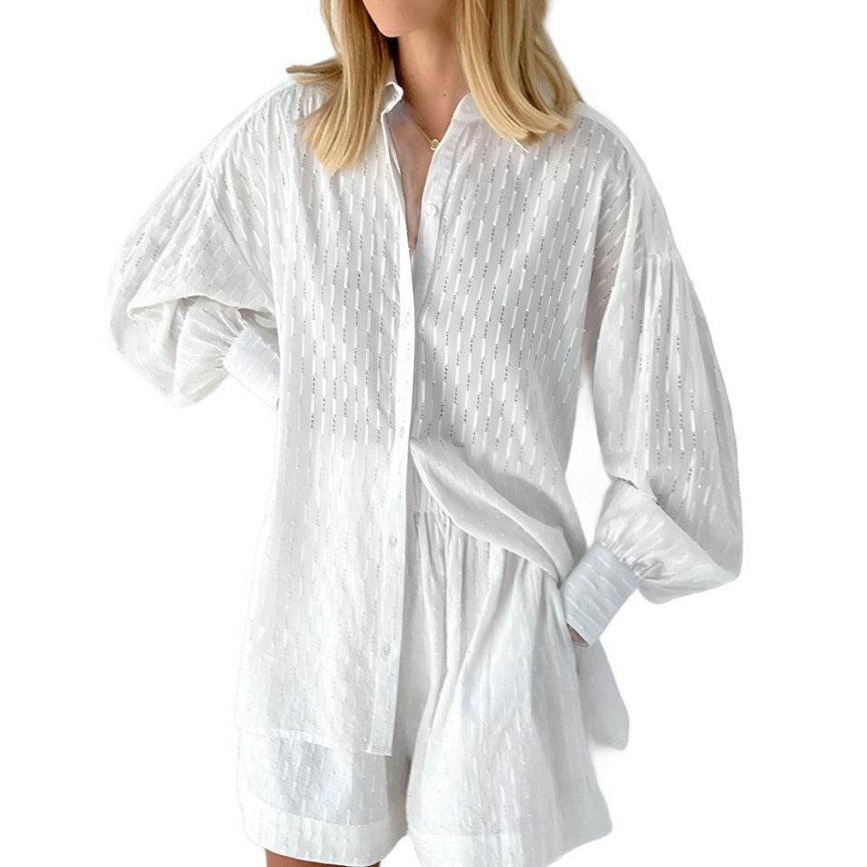 White lantern sleeve shirt and shorts set from VacationGrabs, perfect for summer outings