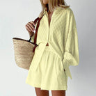 Light yellow lantern sleeve shirt and shorts set with stylish tote bag for summer outings