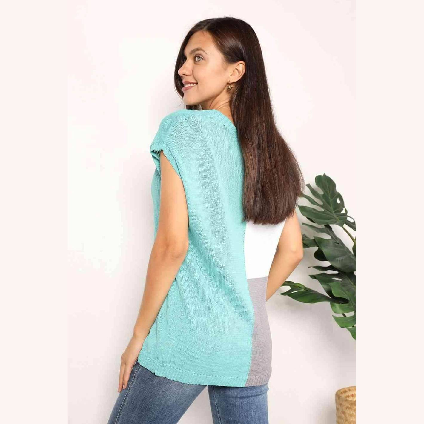 Double Take Color Block V-Neck Knit Top - VacationGrabs